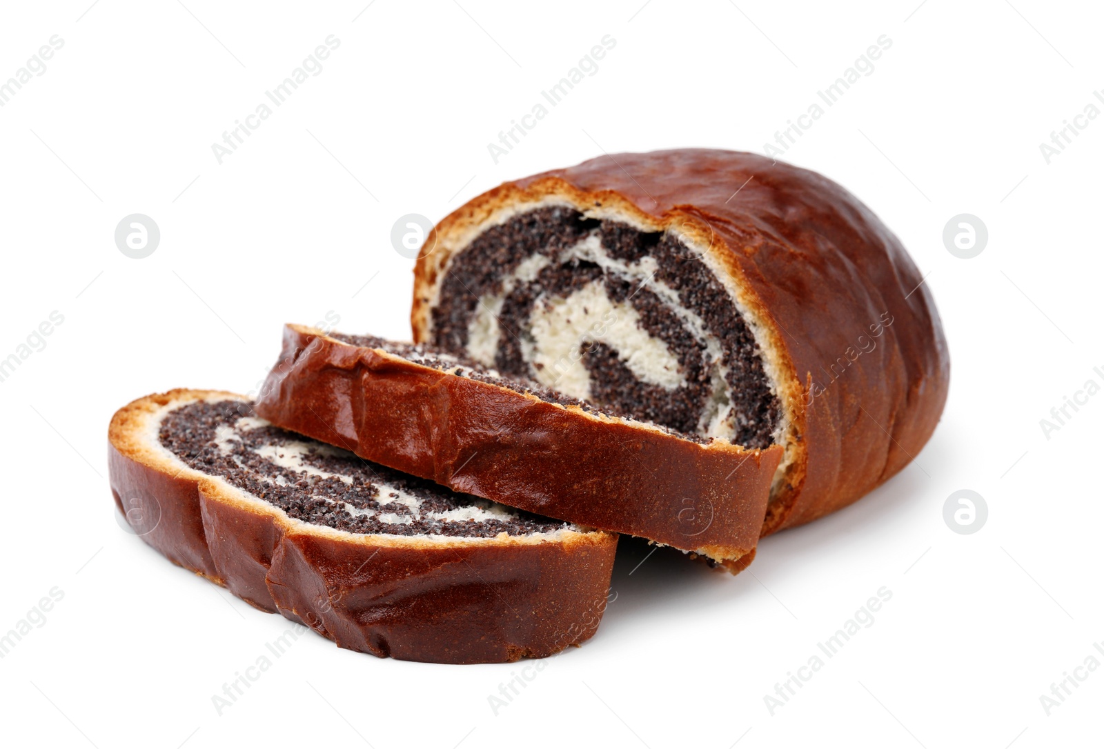 Photo of Cut poppy seed roll isolated on white. Tasty cake