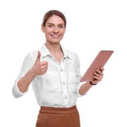 Photo of Beautiful happy businesswoman with tablet showing thumb up on white background