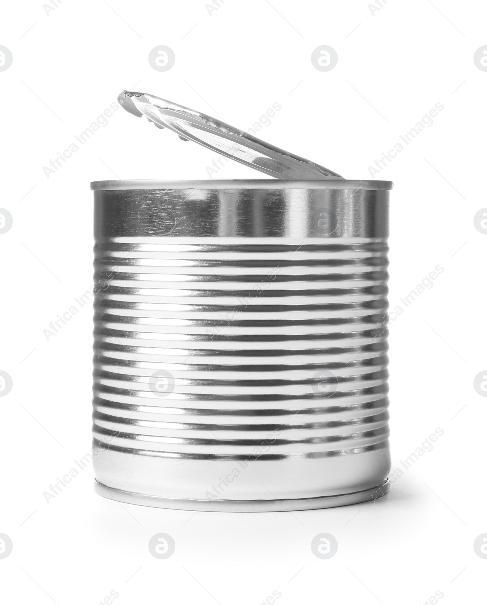 Photo of Open tin can isolated on white, mockup for design