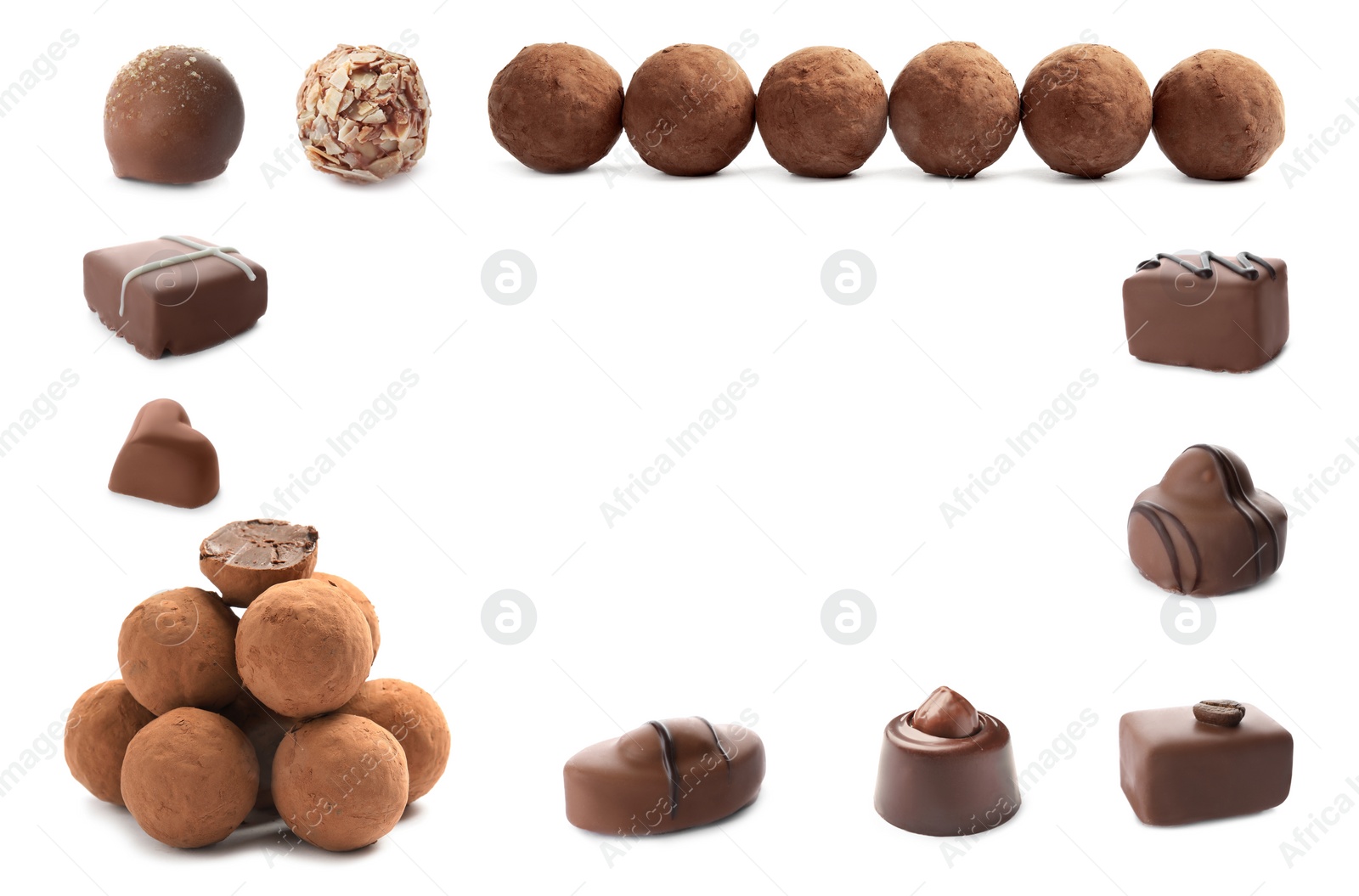 Image of Set with different chocolate candies on white background, space for text