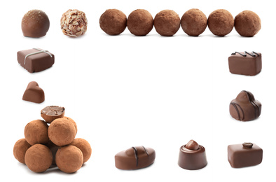 Image of Set with different chocolate candies on white background, space for text