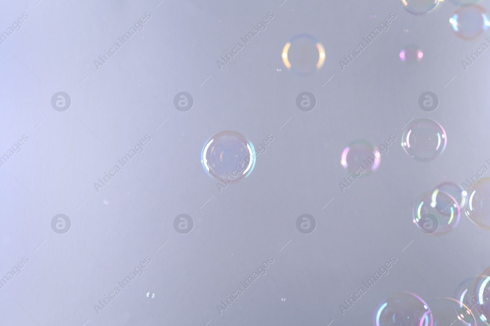 Photo of Beautiful transparent soap bubbles on gray background