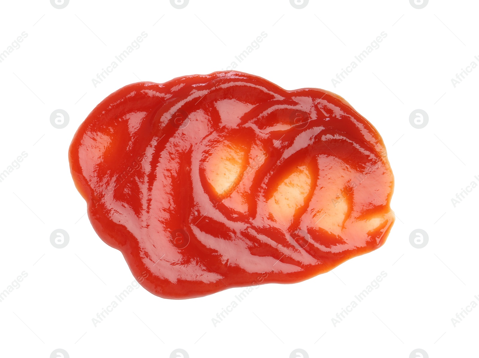 Photo of Tasty ketchup isolated on white, top view. Tomato sauce