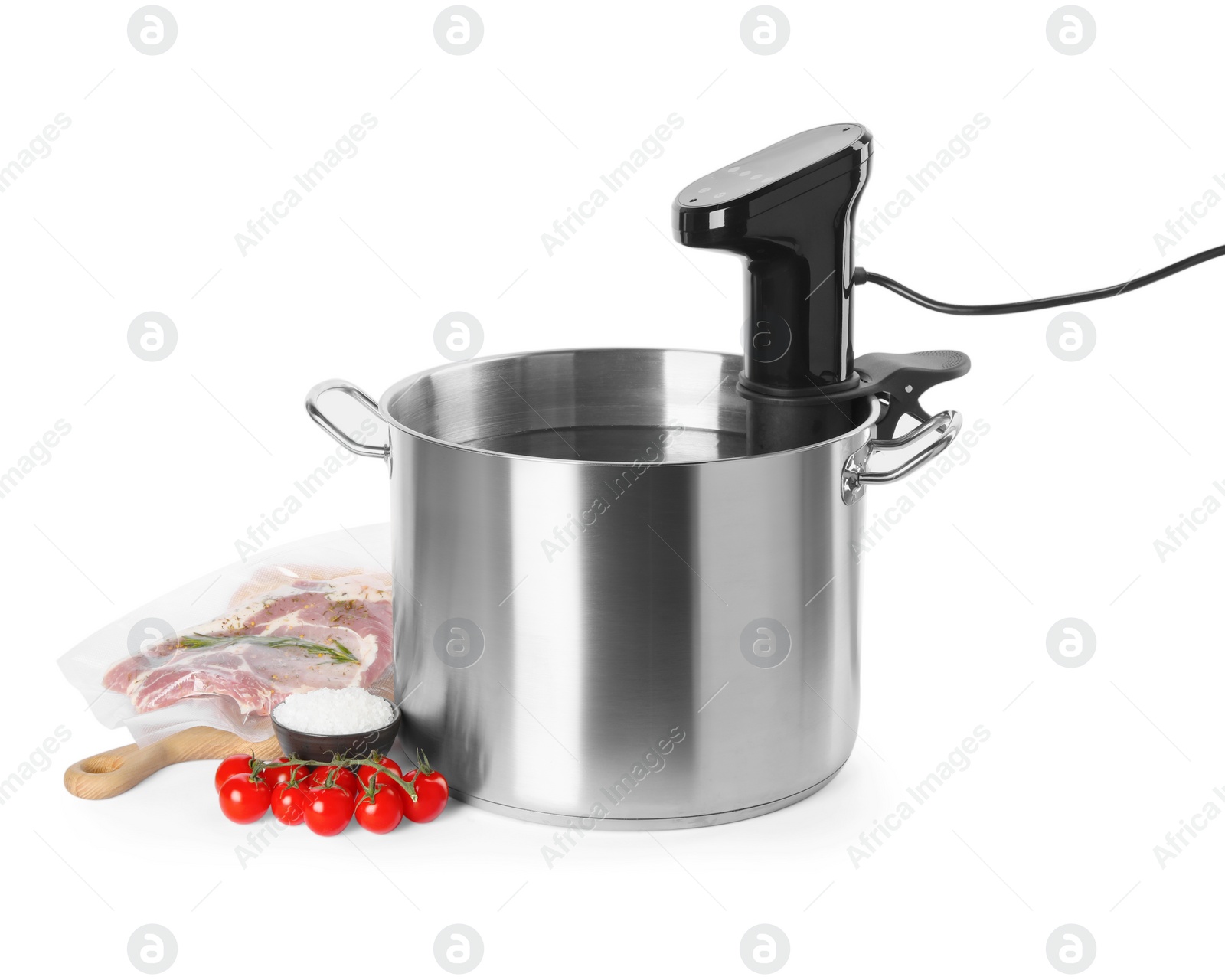 Photo of Thermal immersion circulator in pot and ingredients on white background. Sous vide cooking