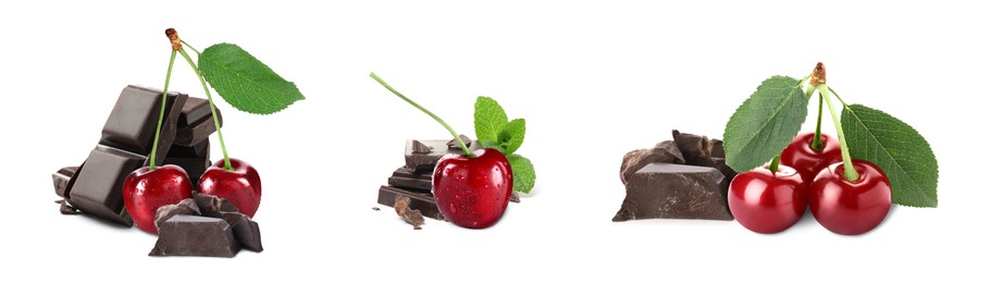 Image of Fresh cherries and pieces of chocolate isolated on white, set
