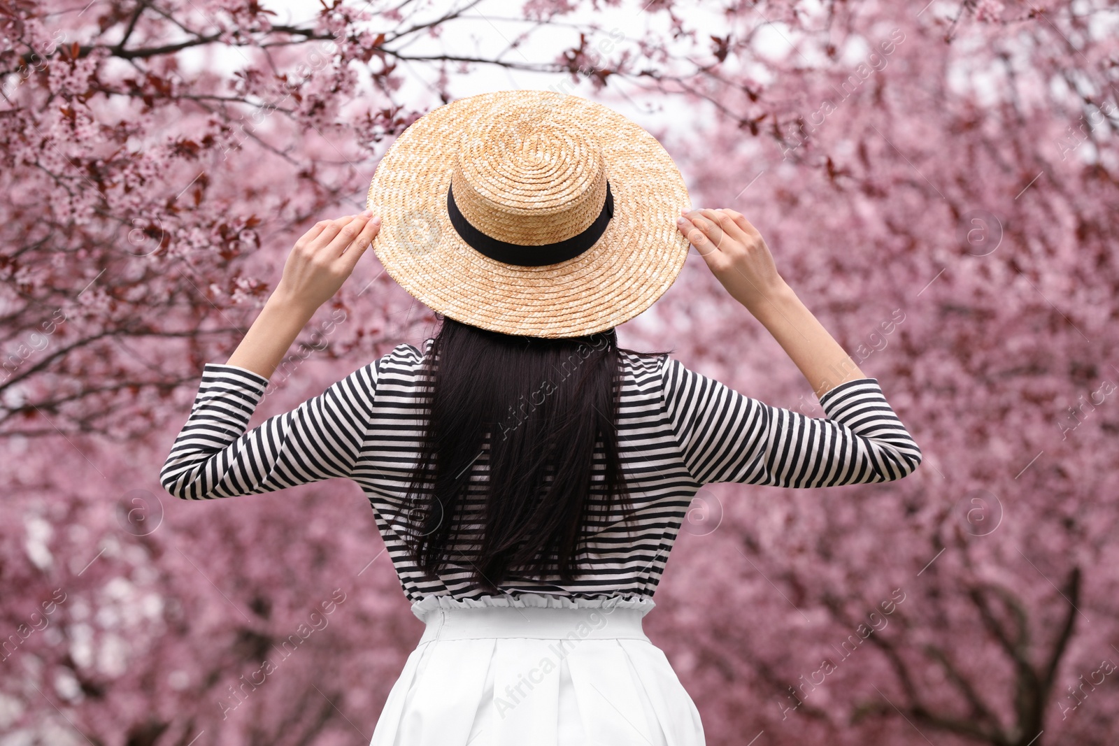 Photo of Young woman in park with blooming trees. Spring look