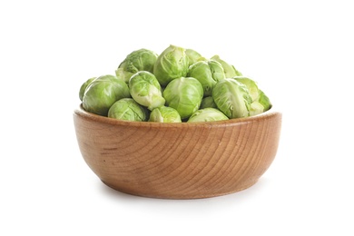 Photo of Bowl of fresh Brussels sprouts isolated on white