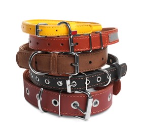 Photo of Different leather dog collars on white background