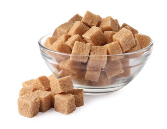 Glass bowl and brown sugar cubes on white background