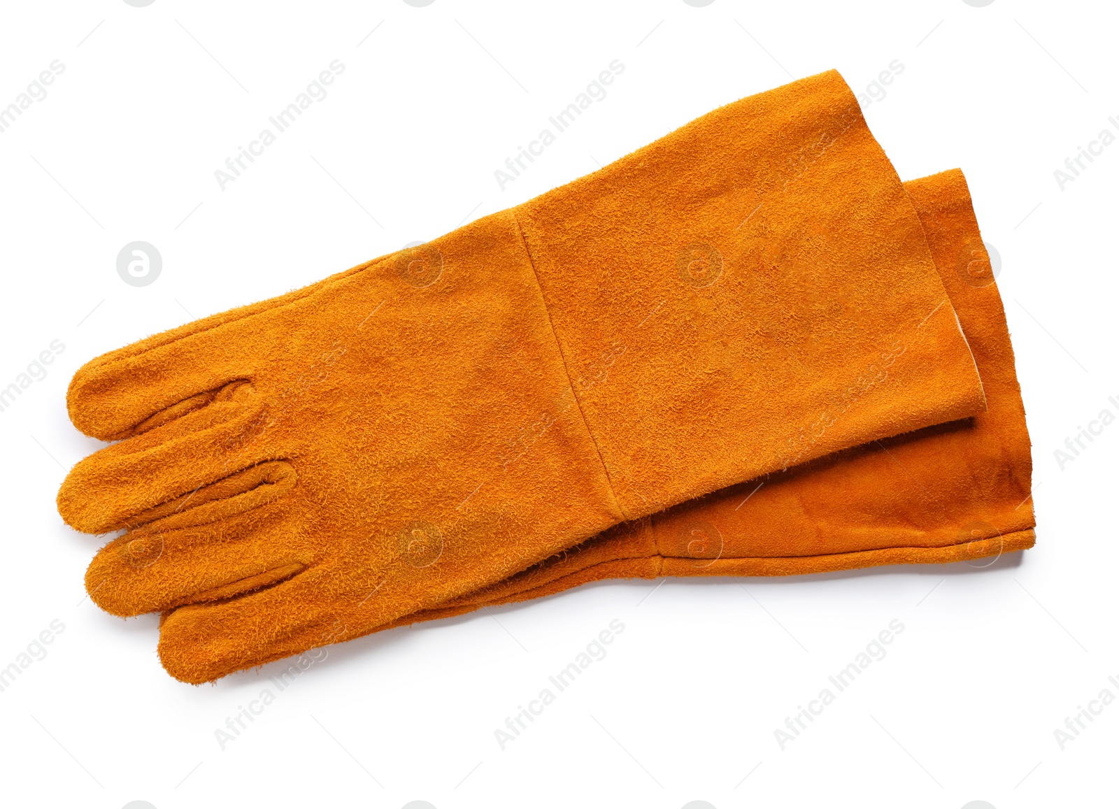 Photo of Protective gloves on white background. Safety equipment