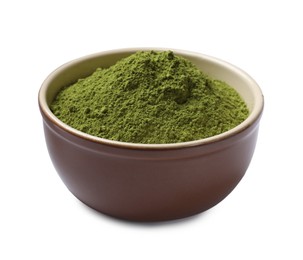 Green matcha powder in bowl isolated on white