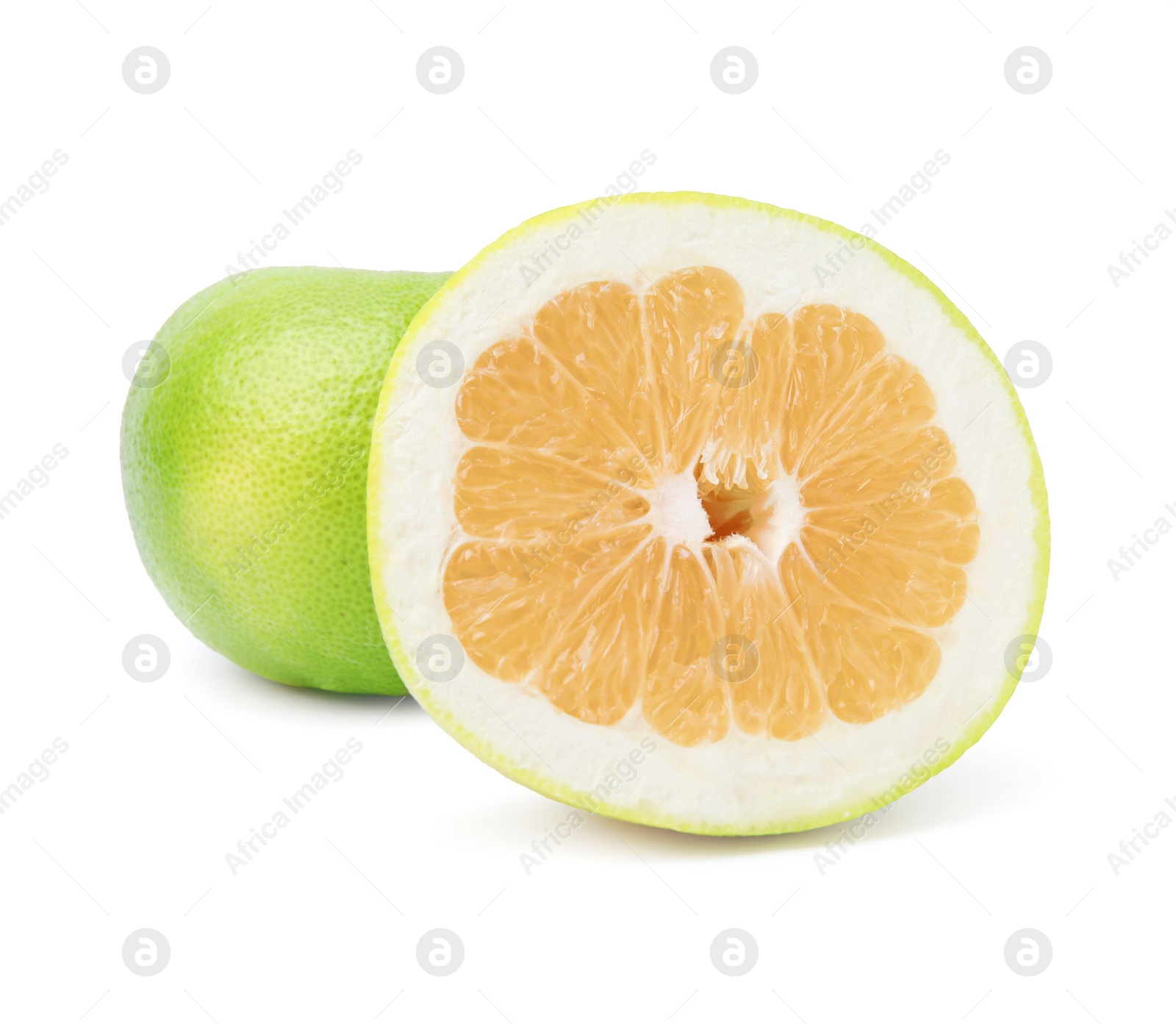 Photo of Whole and cut sweetie fruits on white background