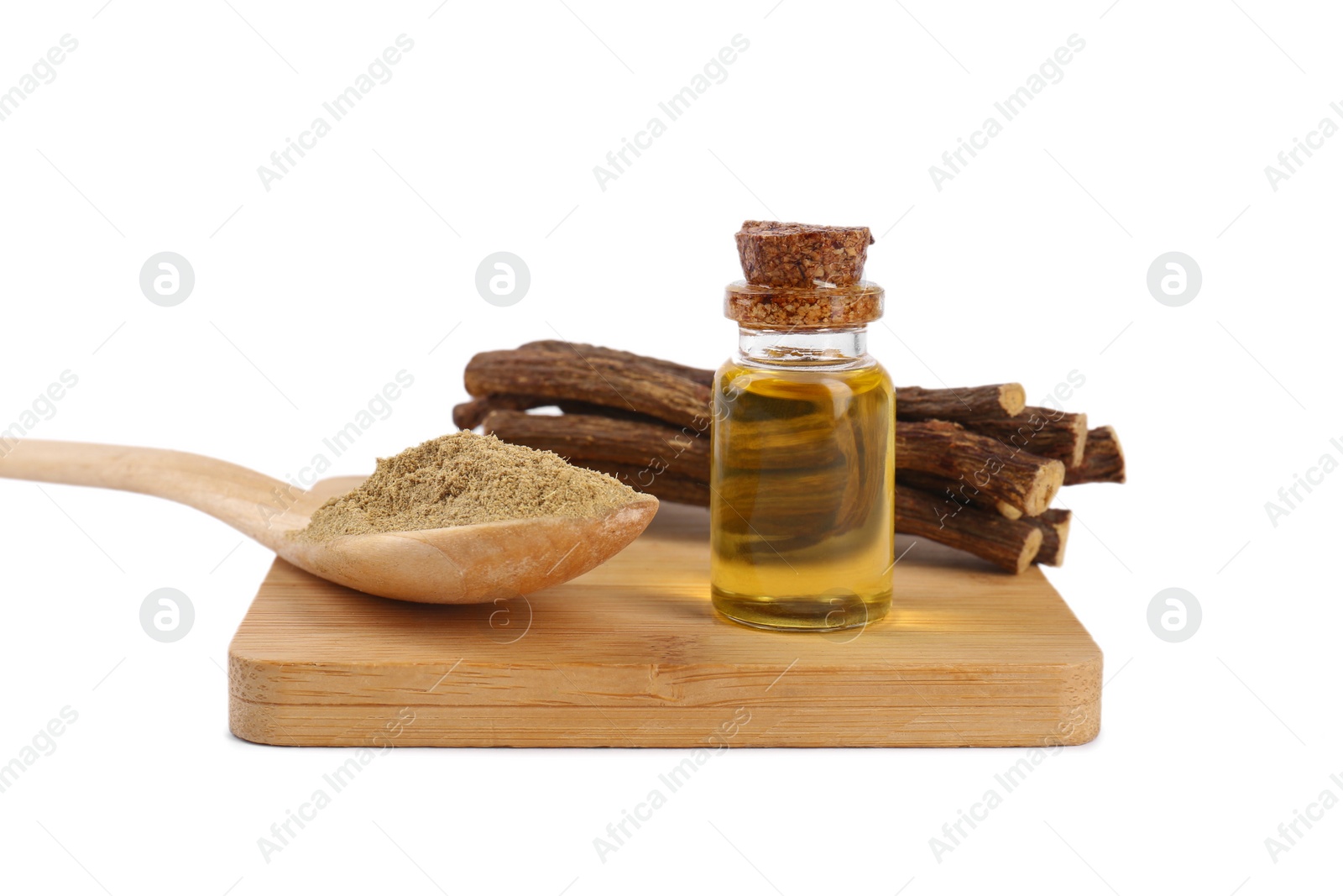 Photo of Dried sticks of licorice root, powder and essential oil isolated on white