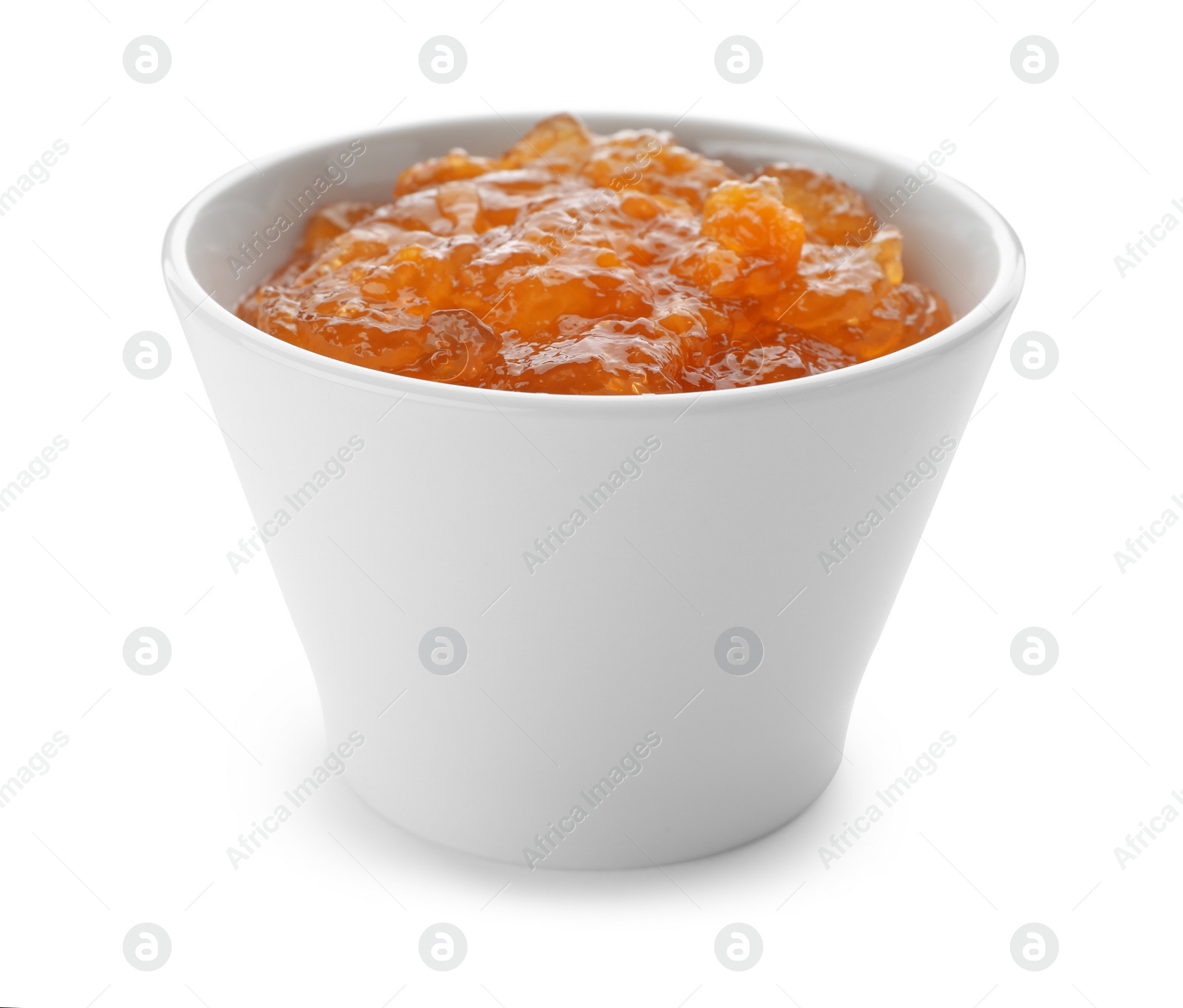 Photo of Bowl with peach jam on white background