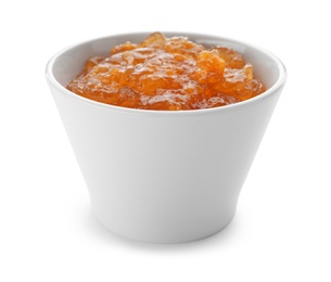 Photo of Bowl with peach jam on white background