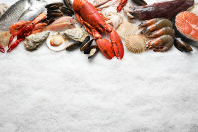 Photo of Fresh fish and seafood on ice, flat lay. Space for text