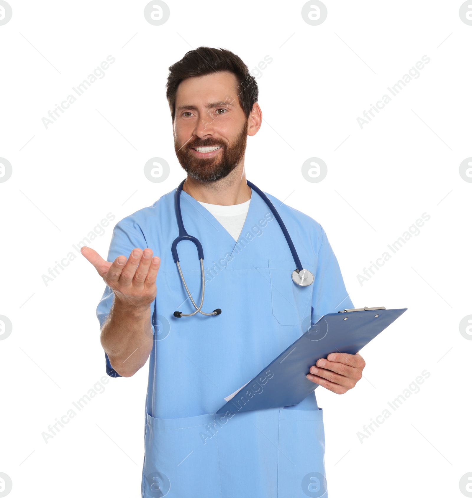 Photo of Happy doctor with stethoscope and clipboard on white background