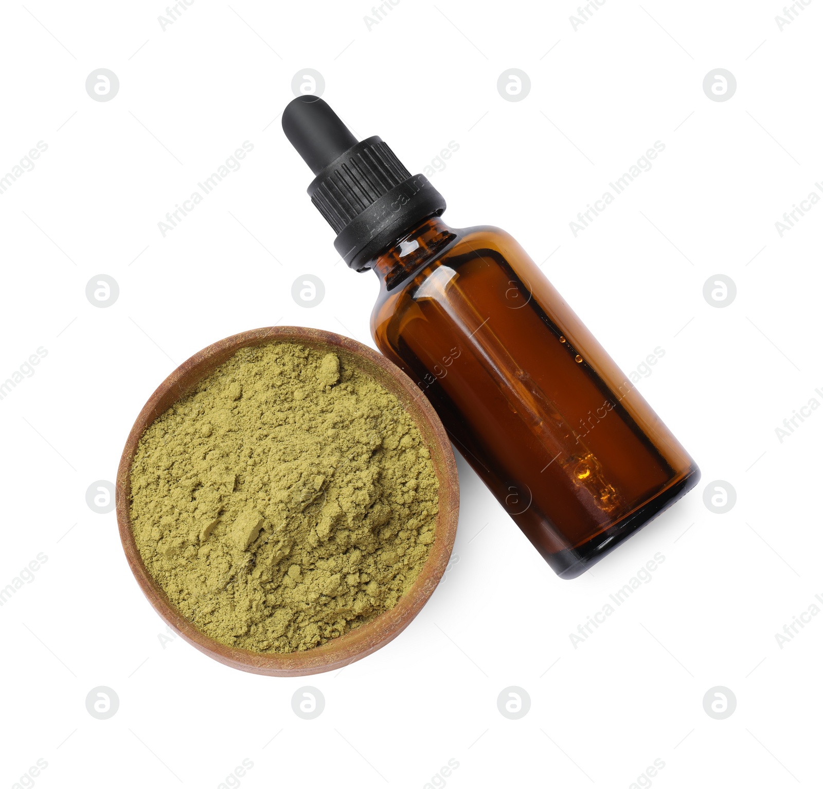 Photo of Henna powder in bowl and bottle isolated on white, top view