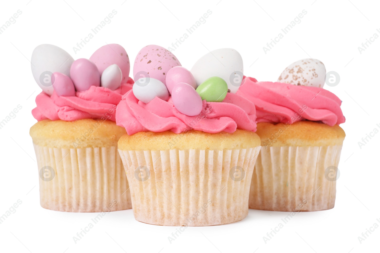 Photo of Tasty decorated Easter cupcakes isolated on white