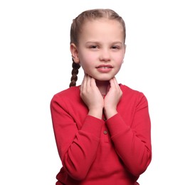 Girl suffering from sore throat on white background