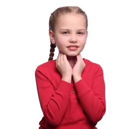 Photo of Girl suffering from sore throat on white background