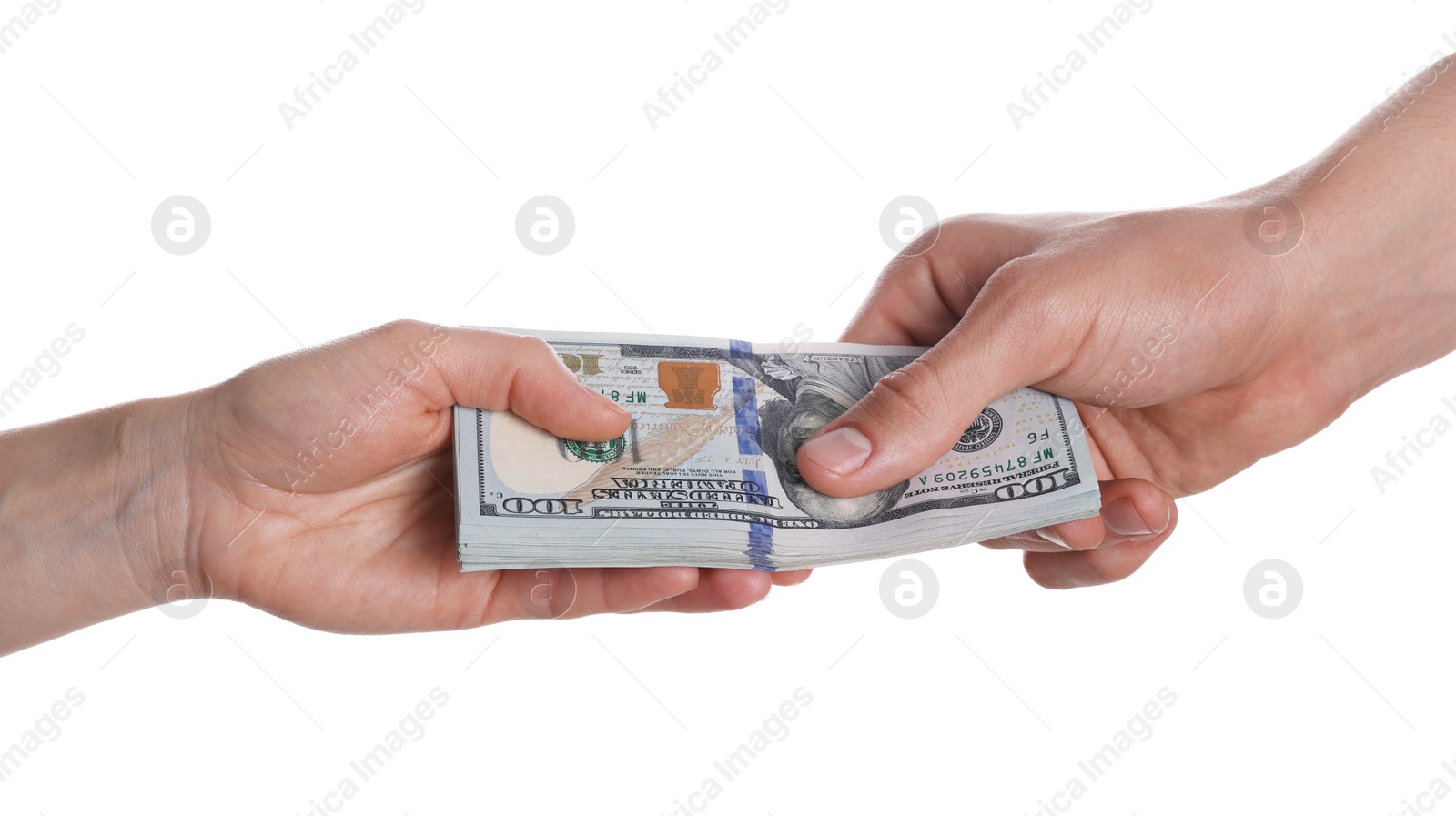 Photo of Money exchange. Man giving dollar banknotes to woman on white background, closeup