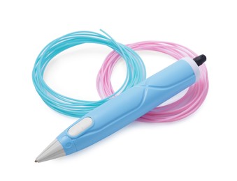 Photo of Stylish 3D pen and plastic filaments on white background