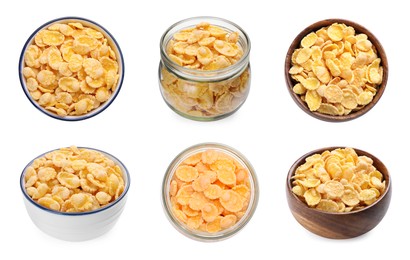 Image of Collage with tasty corn flakes on white background, top and side views