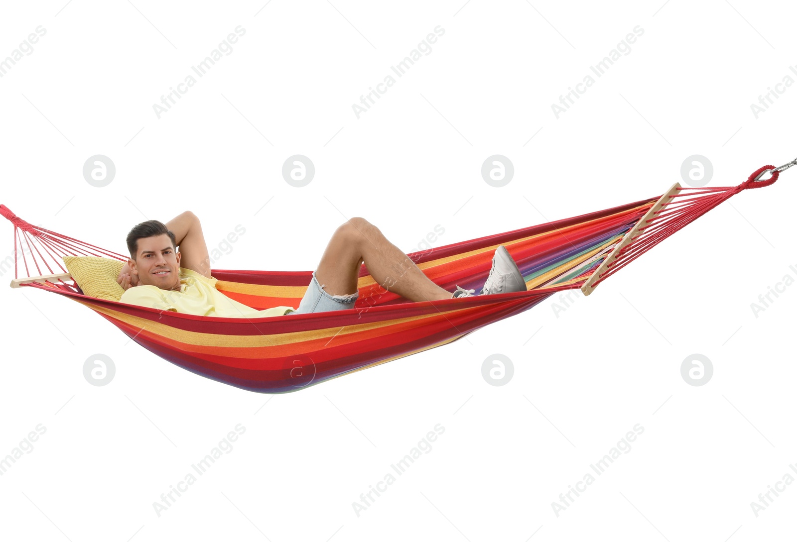 Photo of Man resting in hammock on white background