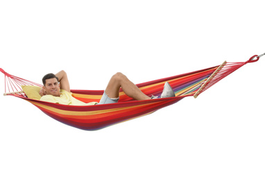 Photo of Man resting in hammock on white background