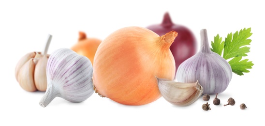 Image of Mix of fresh garlic and onions on white background. Banner design