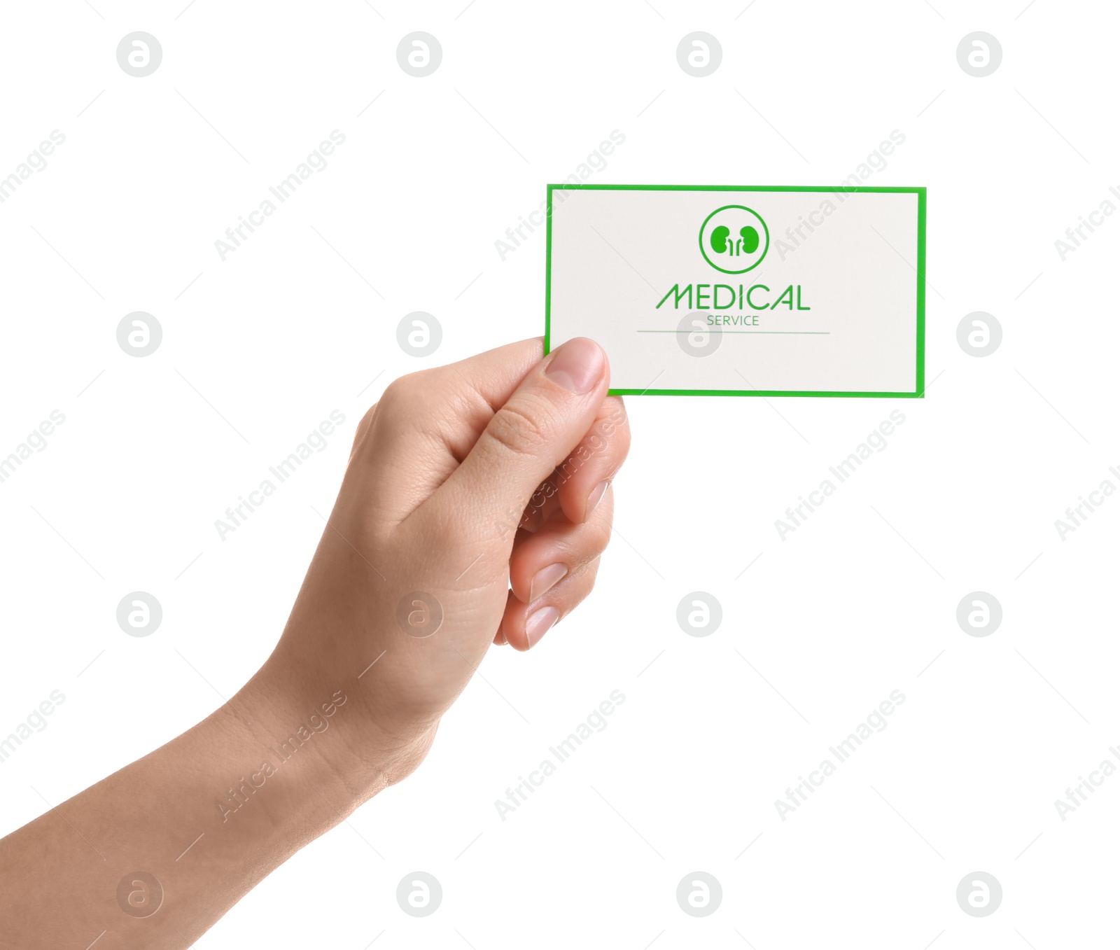 Photo of Woman holding medical business card isolated on white, closeup. Nephrology service