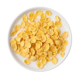Photo of Breakfast cereal. Corn flakes and milk in bowl isolated on white, top view