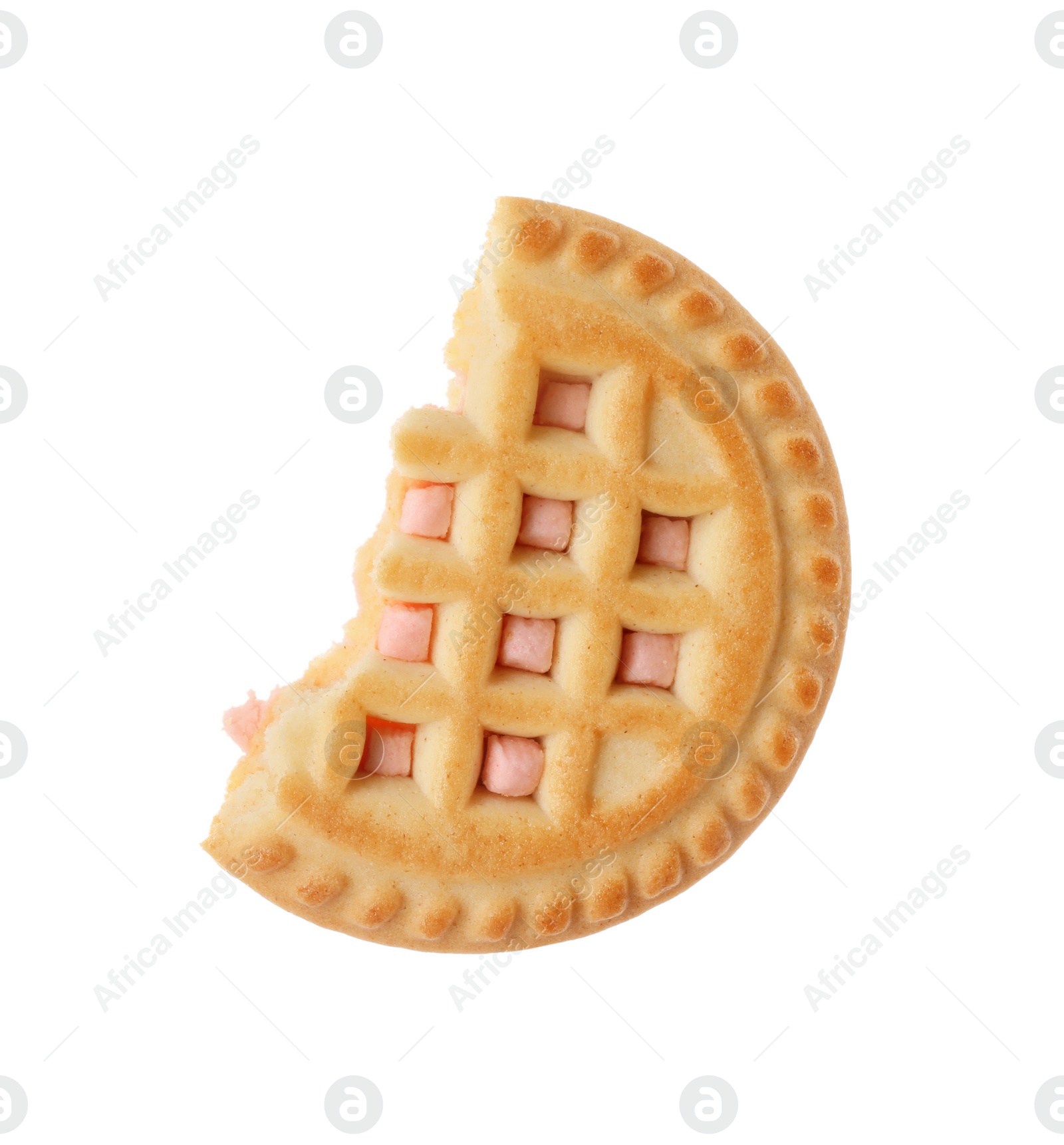 Photo of Piece of tasty sandwich cookie with cream isolated on white