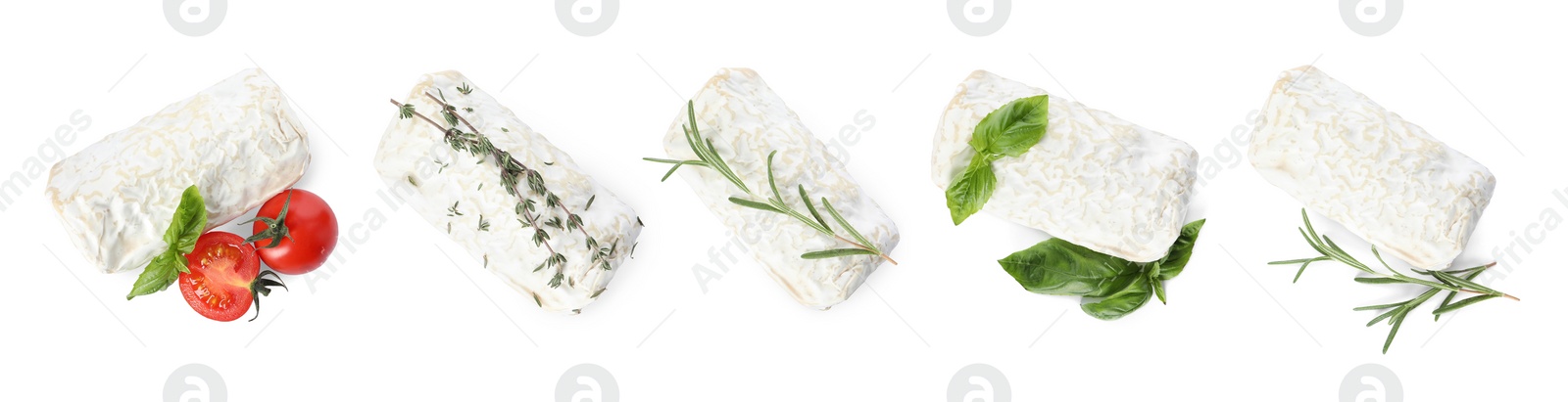 Image of Set with delicious goat cheese on white background, top view. Banner design