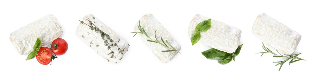 Image of Set with delicious goat cheese on white background, top view. Banner design