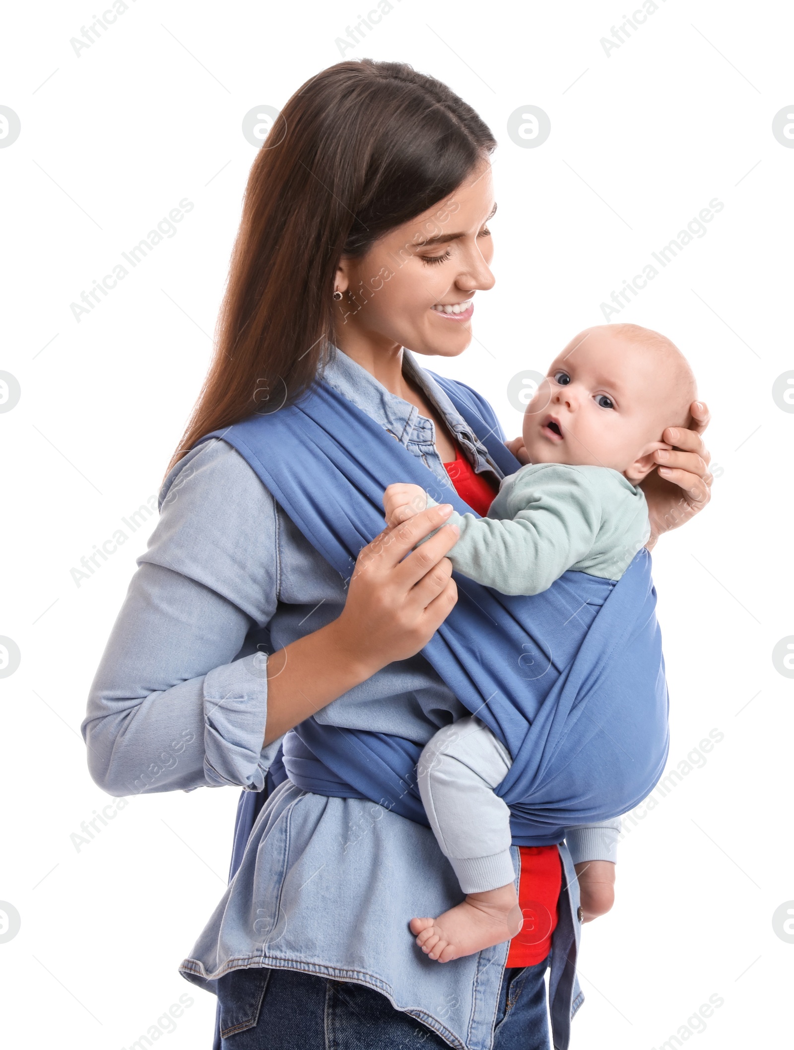 Photo of Mother holding her child in sling (baby carrier) on white background