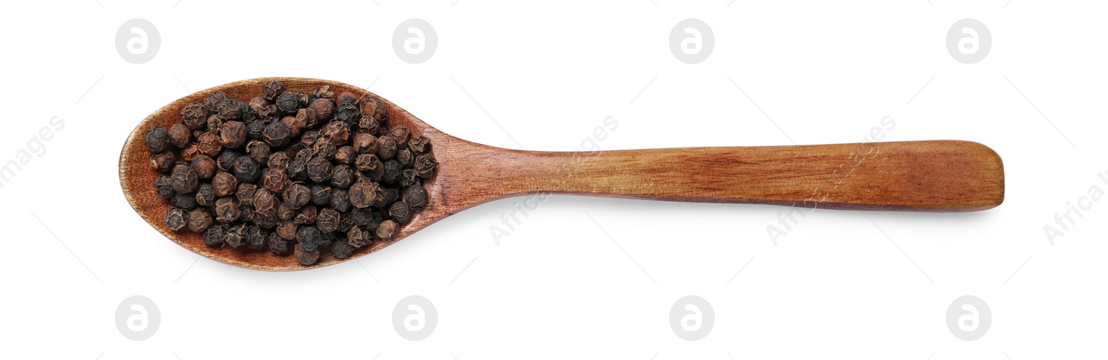 Photo of Aromatic spice. Many black peppercorns in spoon isolated on white, top view