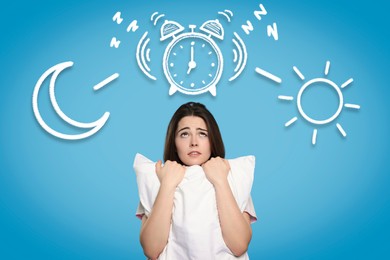 Image of Insomnia. Worried woman with pillow suffering from irregular sleep schedule on light blue background. Illustrations of crescent, alarm clock and sun over her