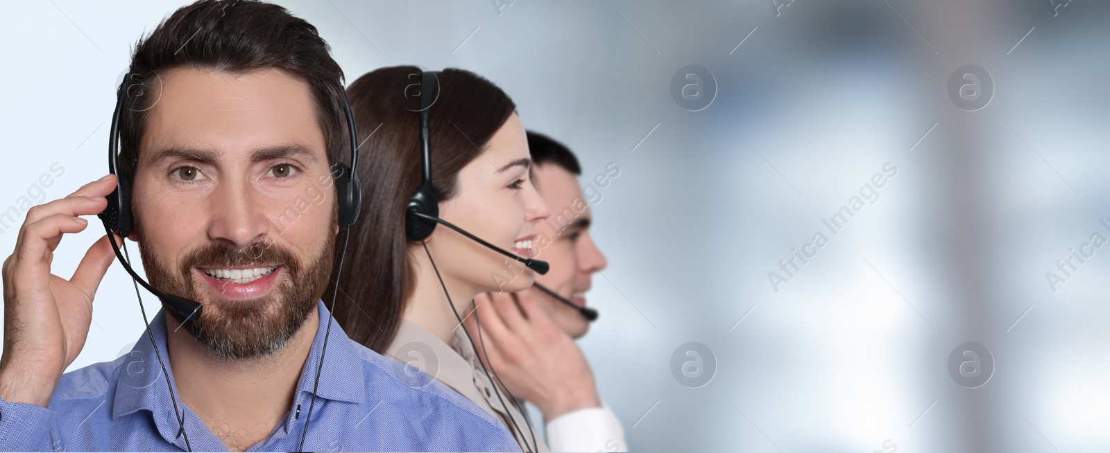 Image of Hotline operators with headsets in office, space for text. Banner design