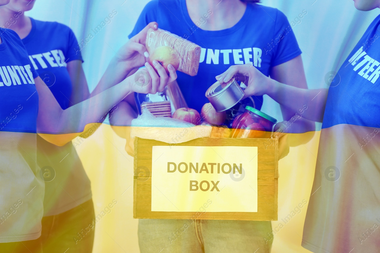 Image of Double exposure of volunteers collecting food for donation box and Ukrainian flag. Help during war