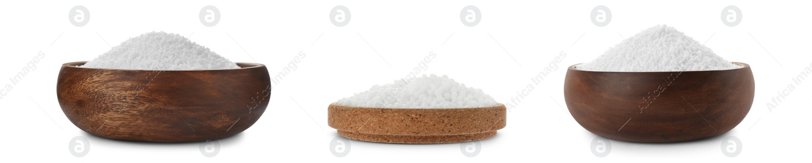 Image of Set with ammonium nitrate pellets in bowls on white background, banner design. Mineral fertilizer