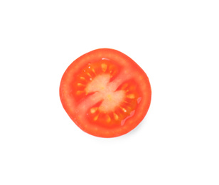 Slice of tasty raw tomato isolated on white