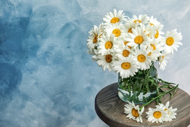 Vase with beautiful chamomile flowers on table against color background