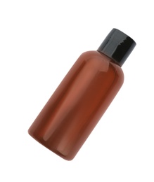 Photo of Mini bottle with cosmetic product on white background. Hotel amenity