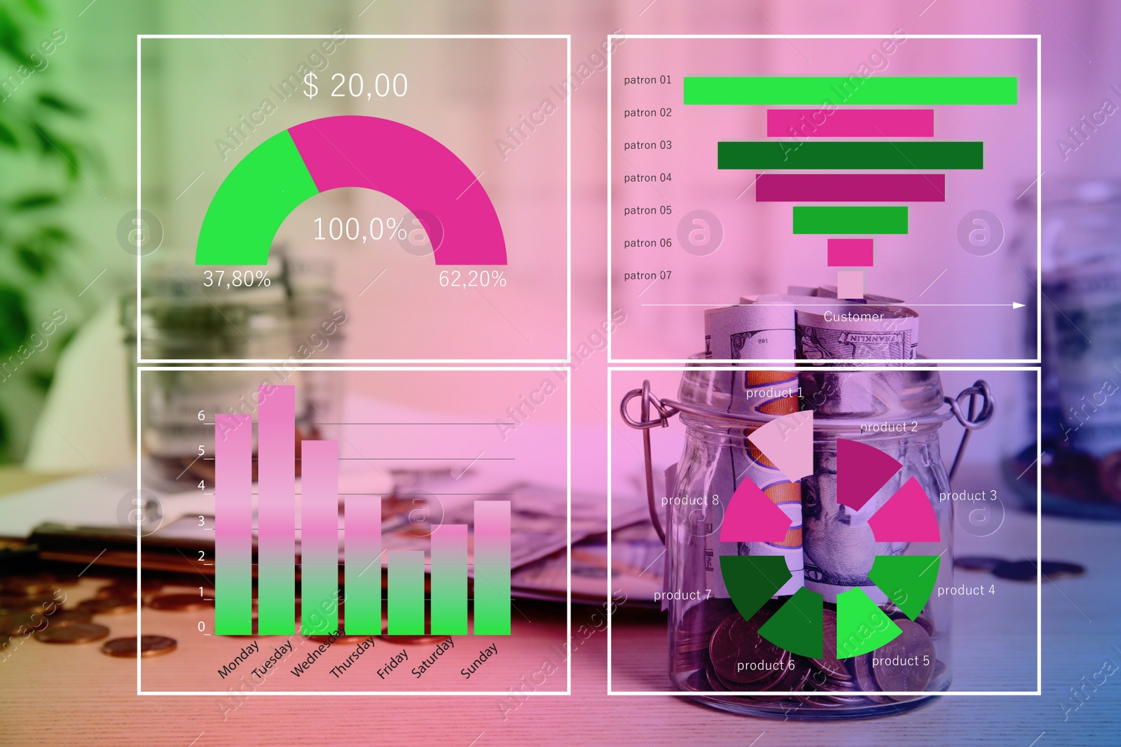 Image of Forex trading. Glass jar with money on table and charts