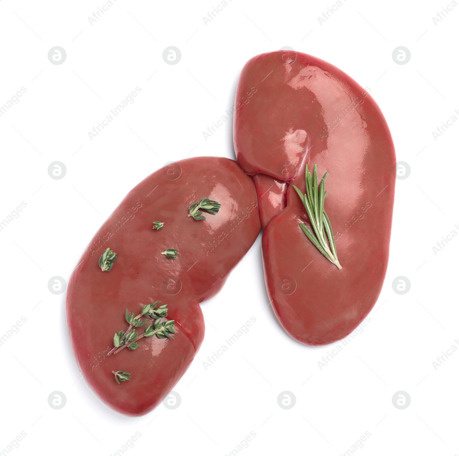 Photo of Fresh raw pork kidneys with rosemary and thyme on white background, top view