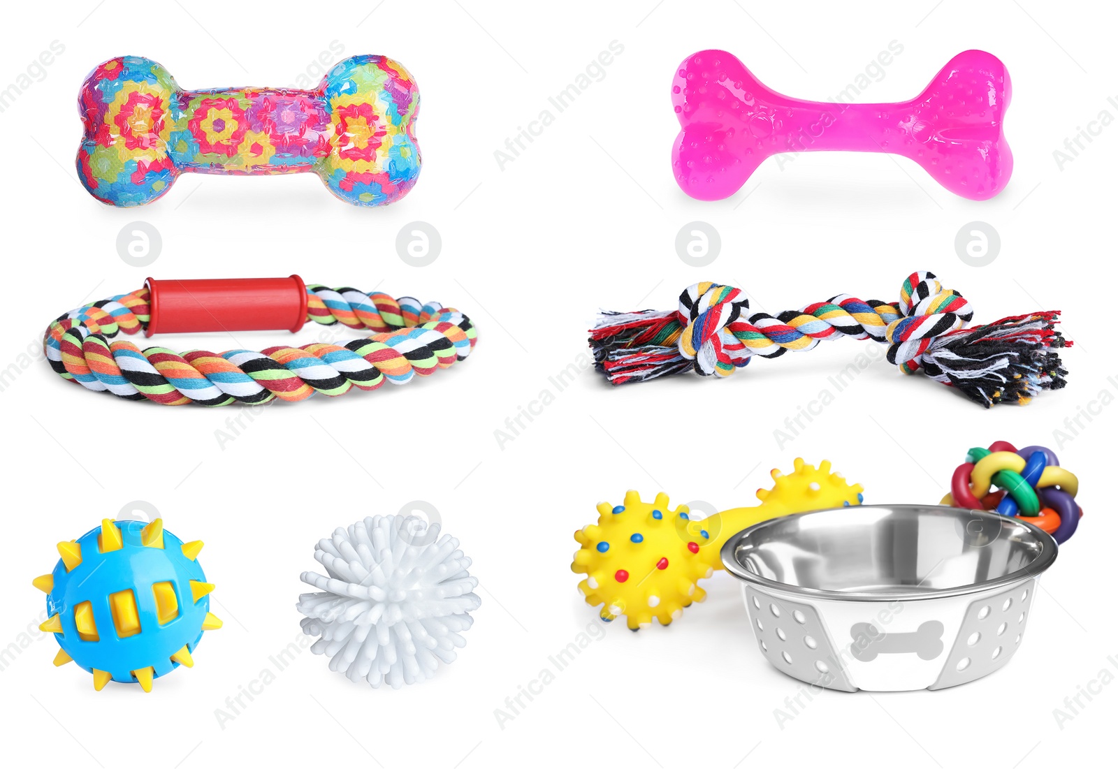 Image of Set with feeding bowl and toys for pet on white background 