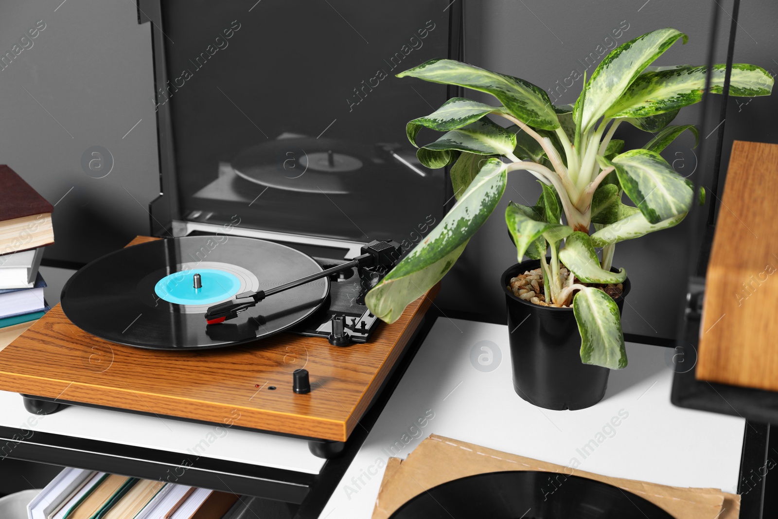 Photo of Stylish turntable with vinyl disc near grey wall in room