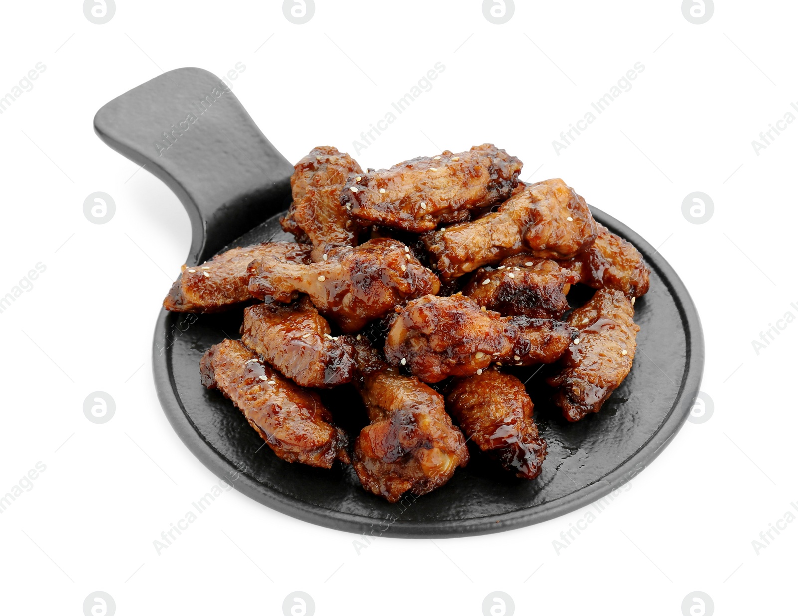 Photo of Tray with tasty roasted chicken wings isolated on white